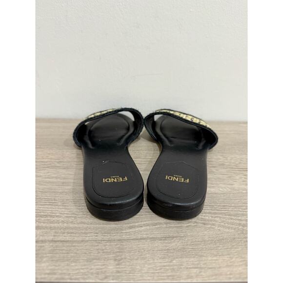 Fendi Raffia FF Logo Slip On Flat Slide Sandals Natural Black Women's Size 38 - Picture 6 of 8